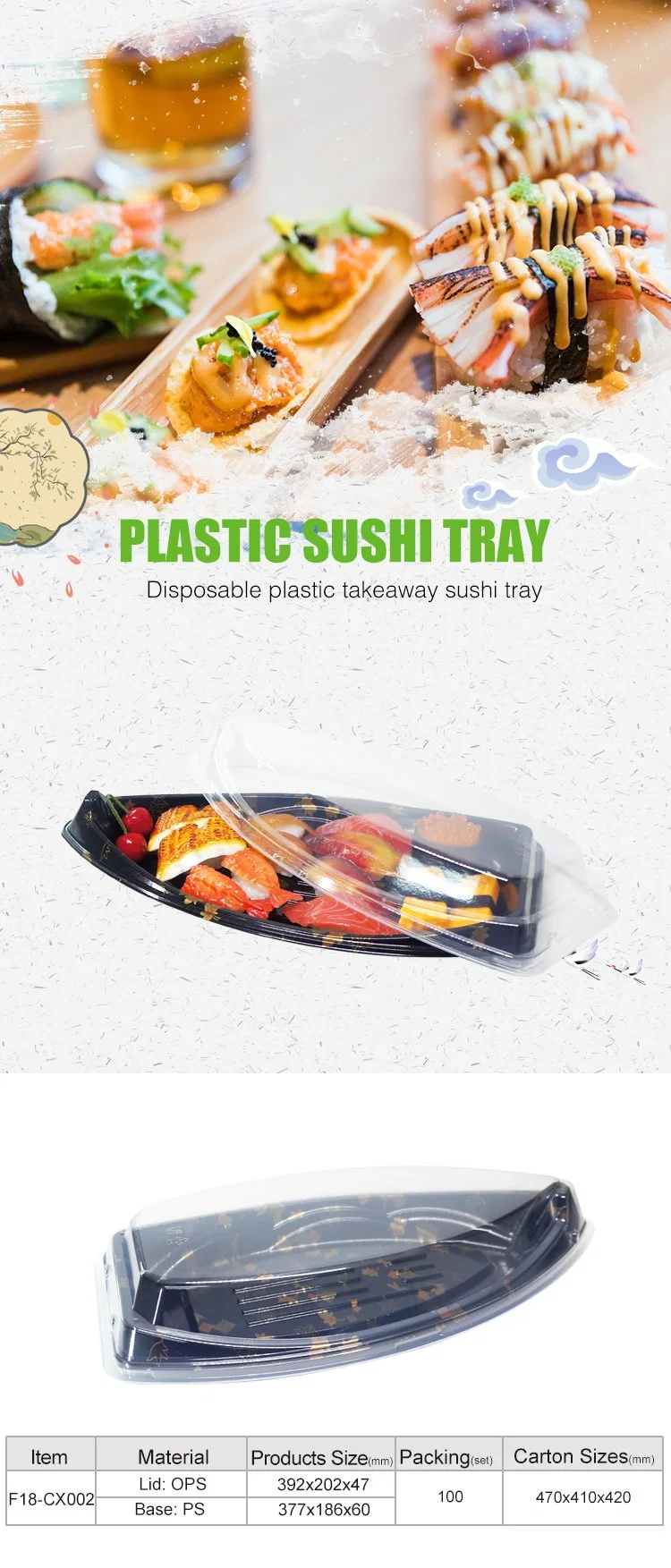 FDA/EU Plastic Disposable Boat Shape Black Sushi Takeaway Box