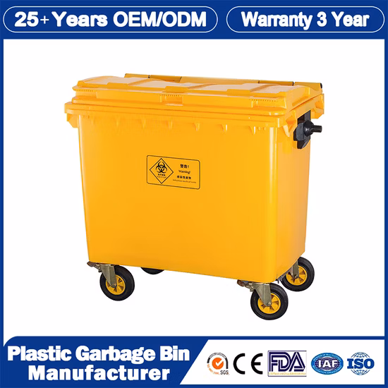 Best Price 660L Square Plastic Hospital Bio Medical Garbage Waste Trash Wheelie Trolley Plastic Yellow Medical Trash/Garbage/Waste Bins with Lid